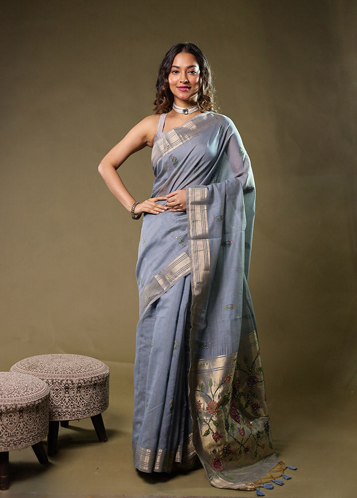Blue Linen Silk Saree With Blouse Piece