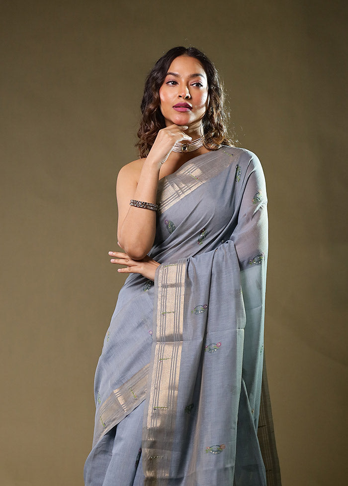 Blue Linen Silk Saree With Blouse Piece