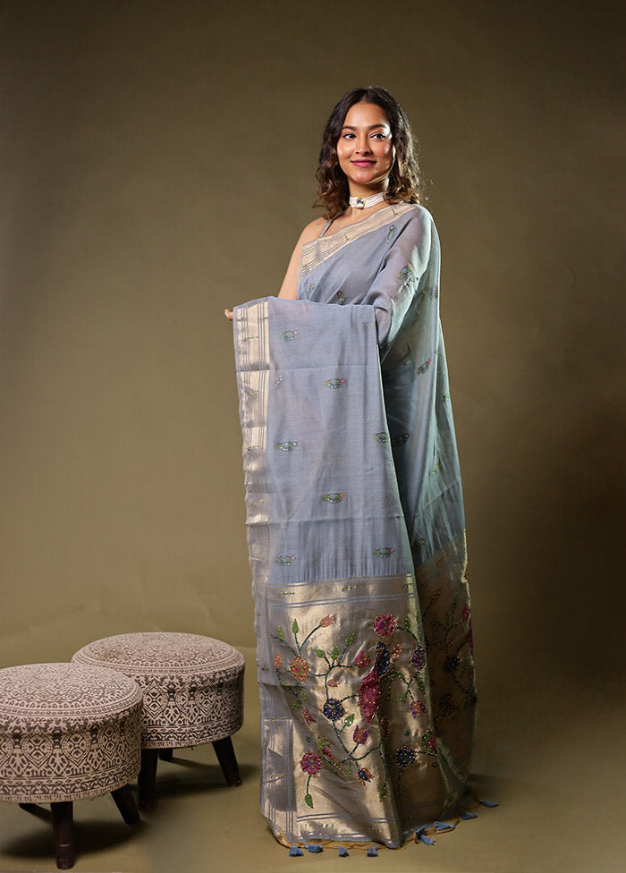 Blue Linen Silk Saree With Blouse Piece