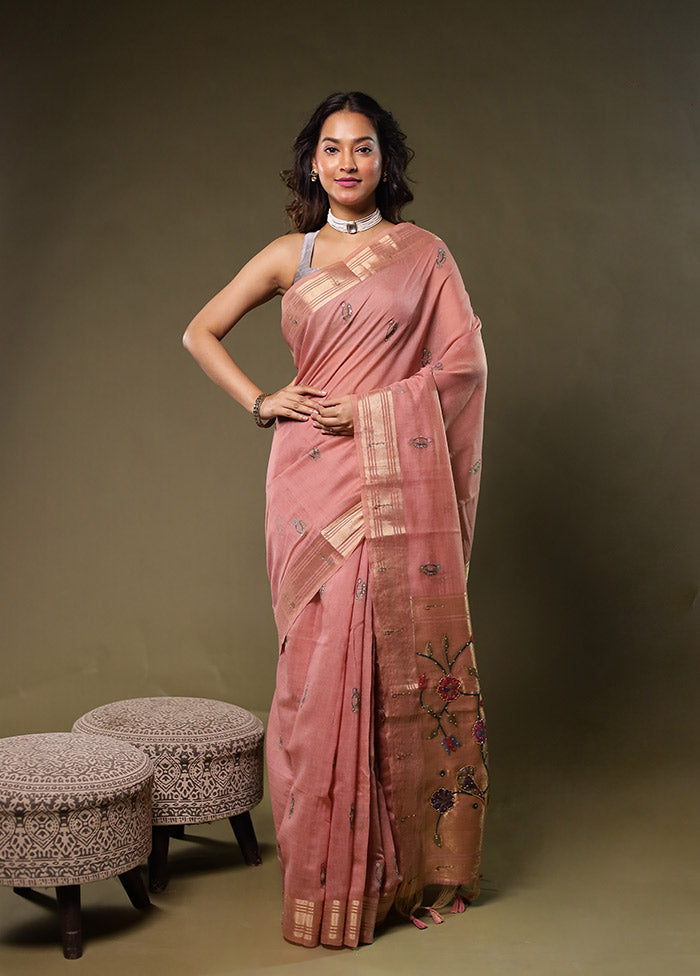 Pink Linen Silk Saree With Blouse Piece