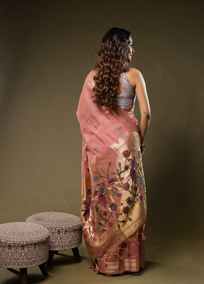 Pink Linen Silk Saree With Blouse Piece