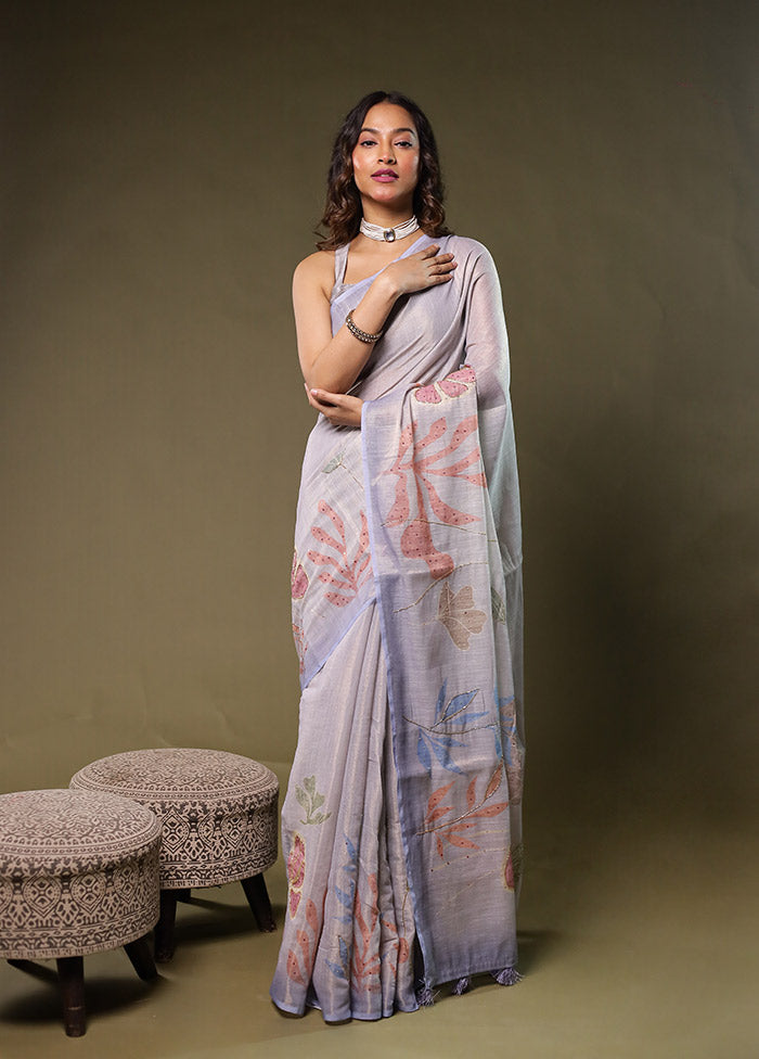 Blue Linen Silk Saree With Blouse Piece