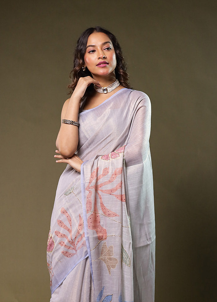 Blue Linen Silk Saree With Blouse Piece