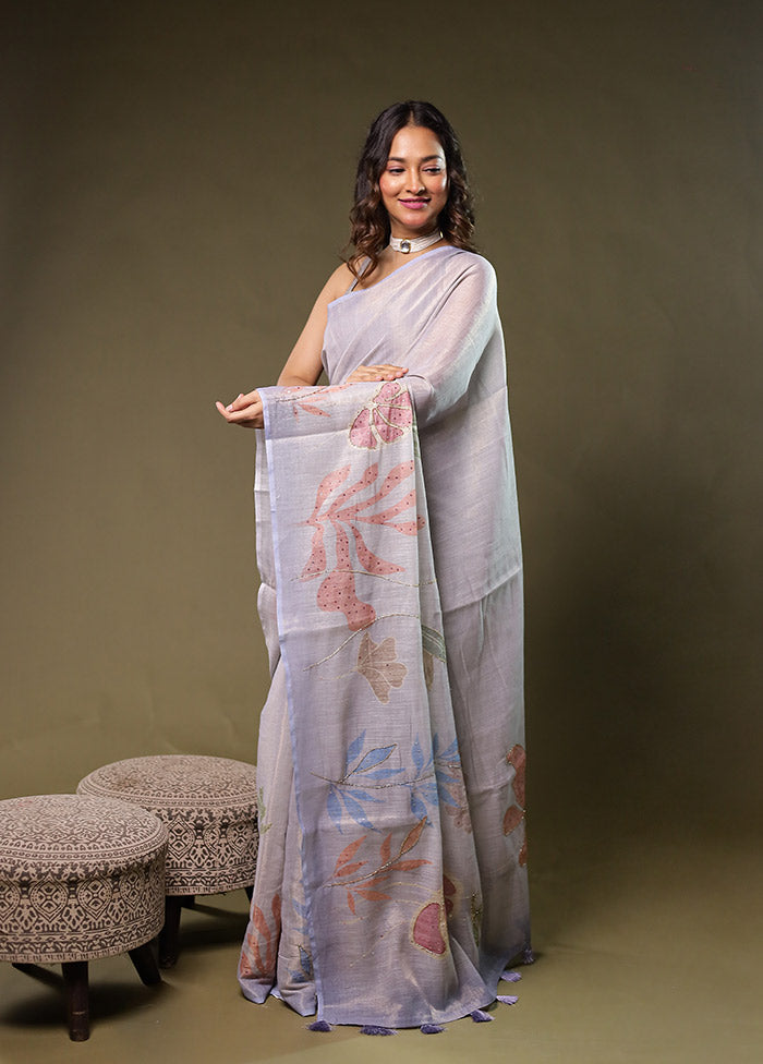 Blue Linen Silk Saree With Blouse Piece