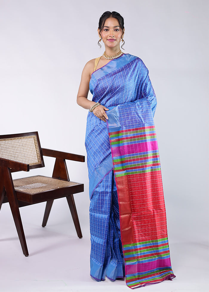 Blue Kalakshetra Pure Silk Saree With Blouse Piece
