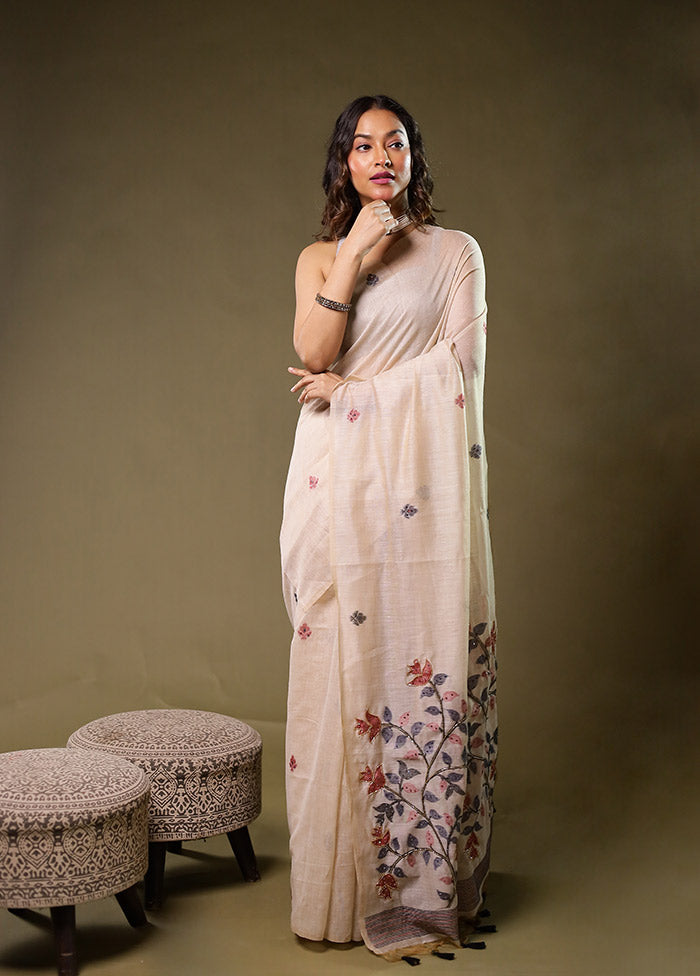 Cream Linen Silk Saree With Blouse Piece