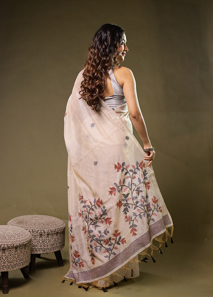 Cream Linen Silk Saree With Blouse Piece
