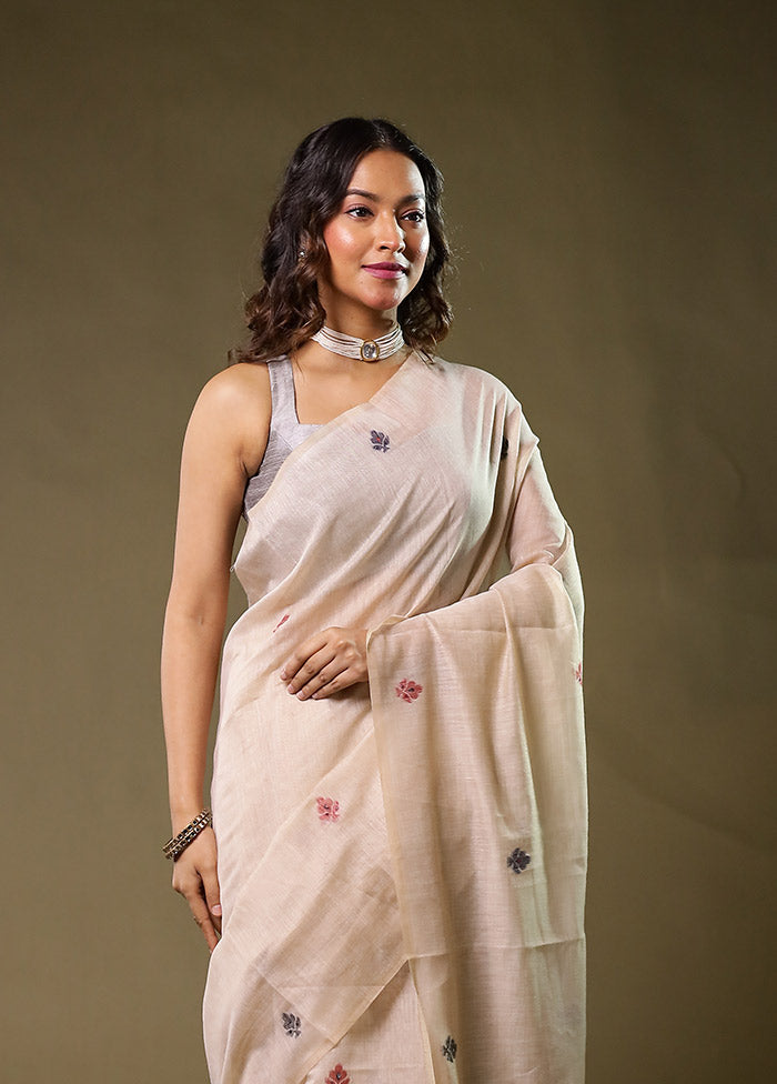 Cream Linen Silk Saree With Blouse Piece