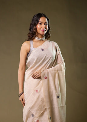 Cream Linen Silk Saree With Blouse Piece