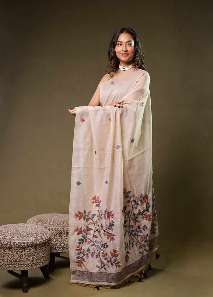 Cream Linen Silk Saree With Blouse Piece