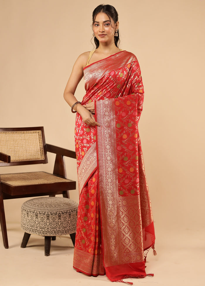 Red Dupion Silk Saree With Blouse Piece