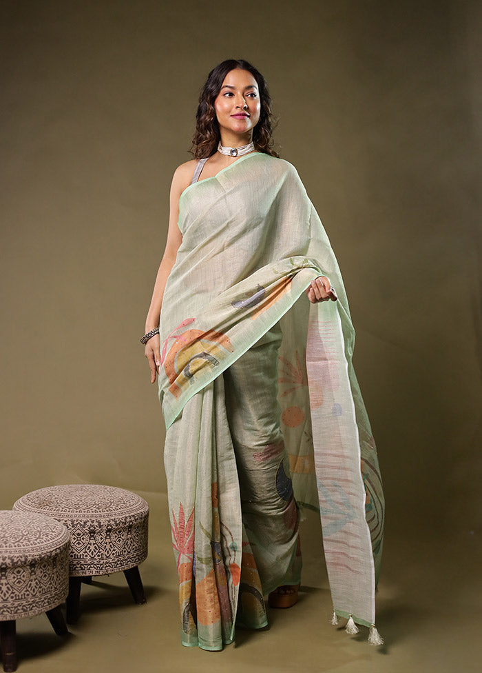 Green Linen Silk Saree With Blouse Piece