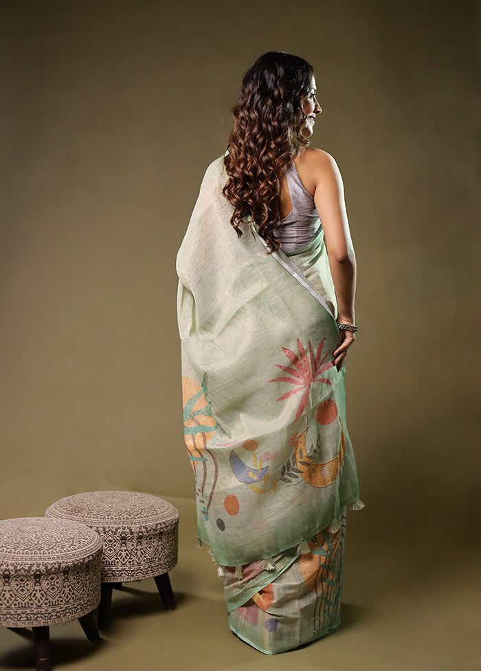 Green Linen Silk Saree With Blouse Piece