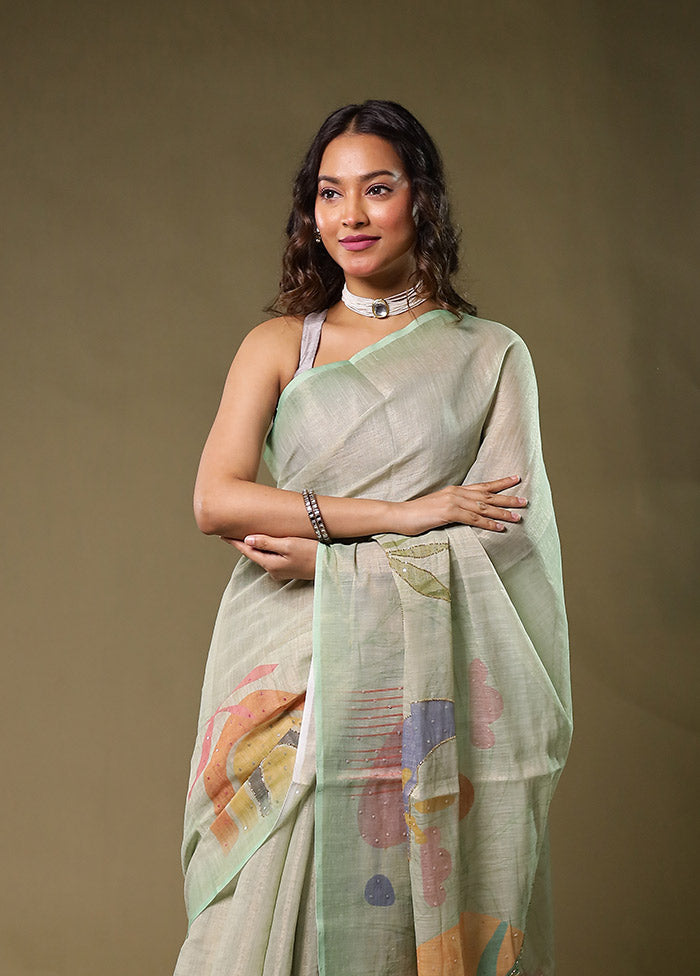 Green Linen Silk Saree With Blouse Piece