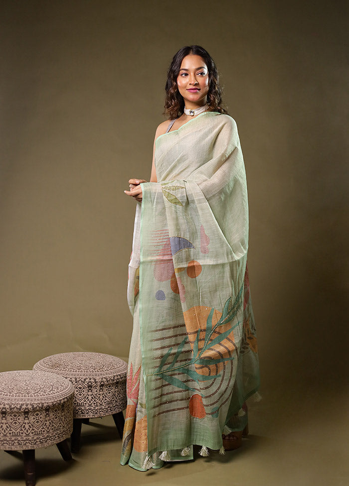 Green Linen Silk Saree With Blouse Piece