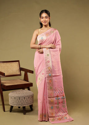 Pink Handloom Dupion Pure Silk Saree With Blouse Piece