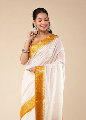 White Dupion Silk Saree With Blouse Piece