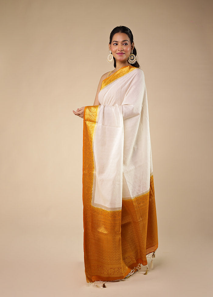 White Dupion Silk Saree With Blouse Piece