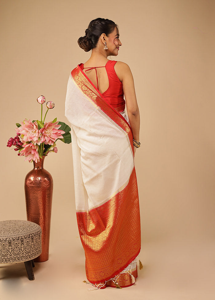 White Dupion Silk Saree With Blouse Piece