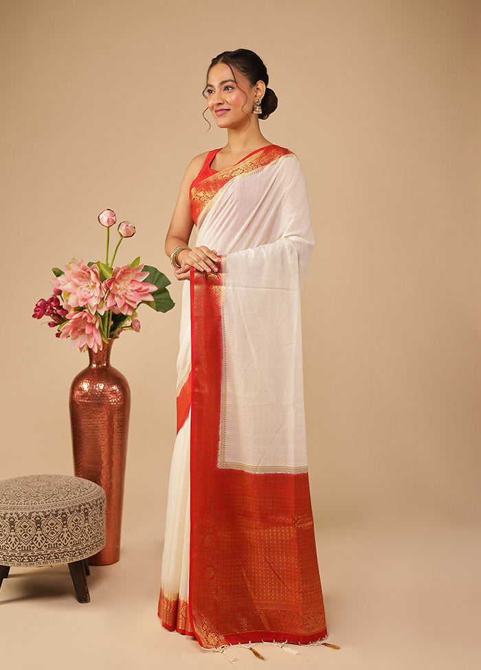 White Dupion Silk Saree With Blouse Piece