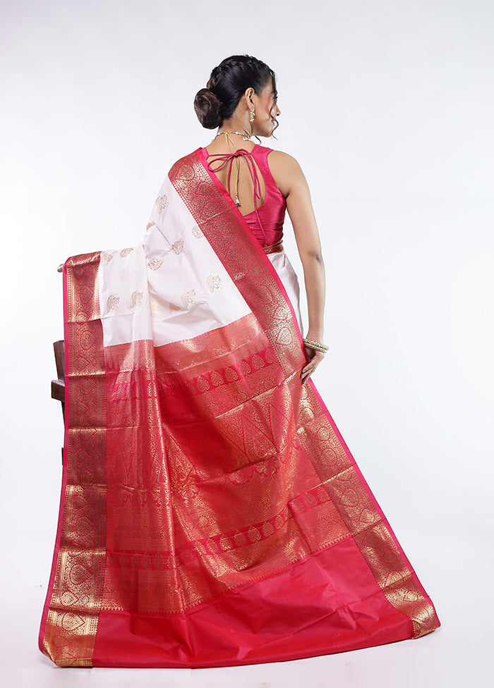 White Kanjivaram Silk Saree With Blouse Piece
