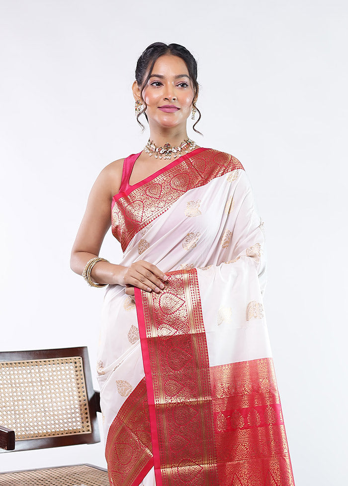 White Kanjivaram Silk Saree With Blouse Piece