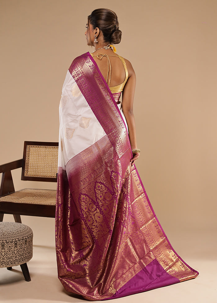 White Kanjivaram Silk Saree With Blouse Piece