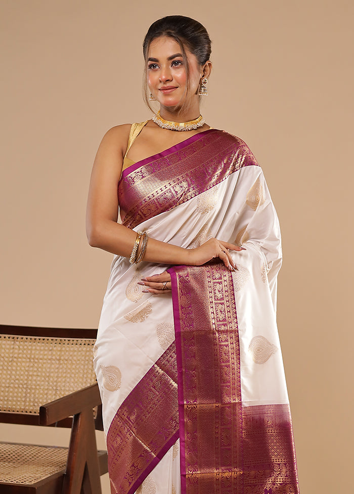 White Kanjivaram Silk Saree With Blouse Piece