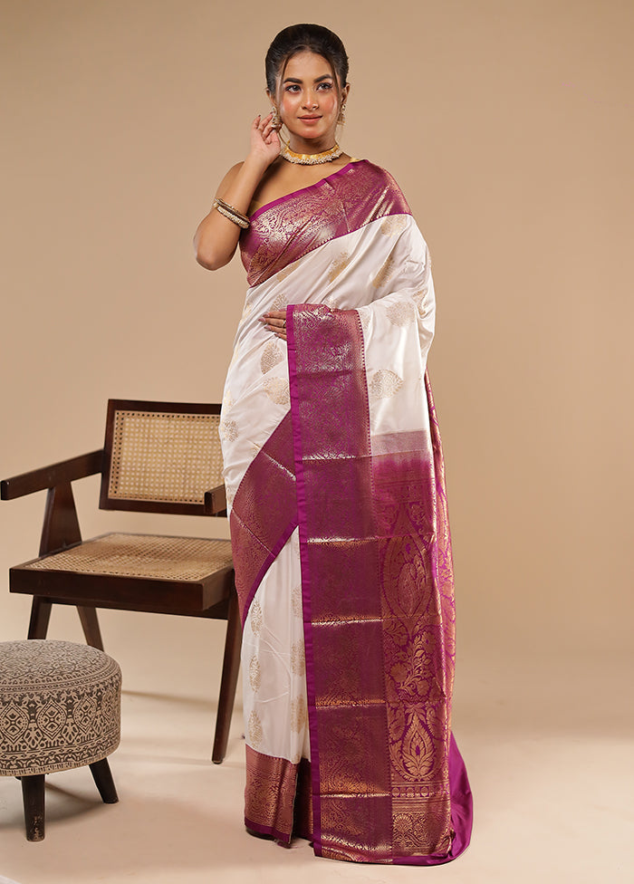 White Kanjivaram Silk Saree With Blouse Piece