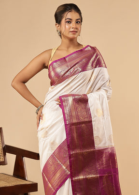 White Kanjivaram Silk Saree With Blouse Piece