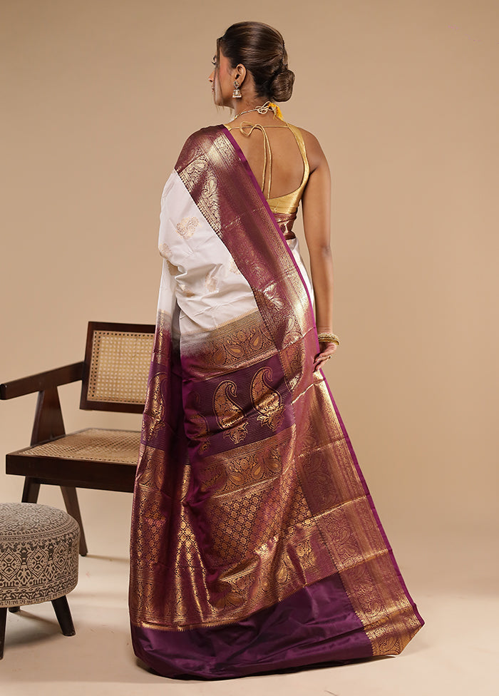 White Kanjivaram Silk Saree With Blouse Piece