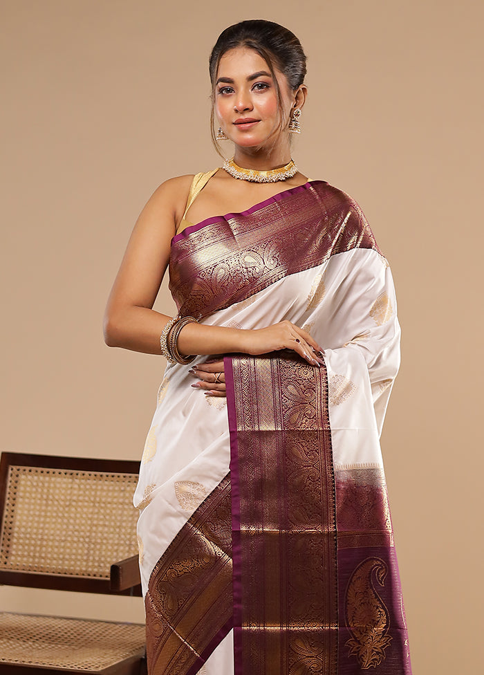 White Kanjivaram Silk Saree With Blouse Piece