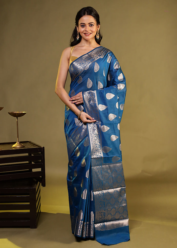Blue Kora Silk Saree With Blouse Piece