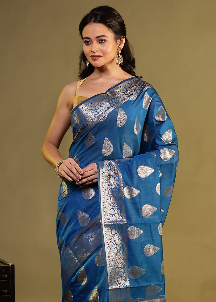 Blue Kora Silk Saree With Blouse Piece