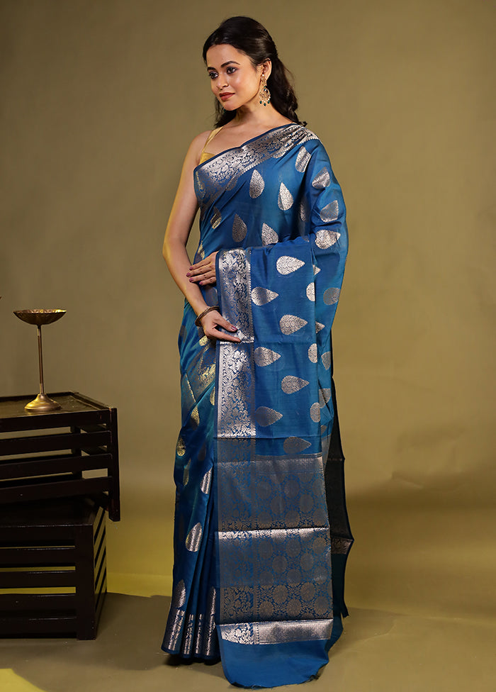 Blue Kora Silk Saree With Blouse Piece