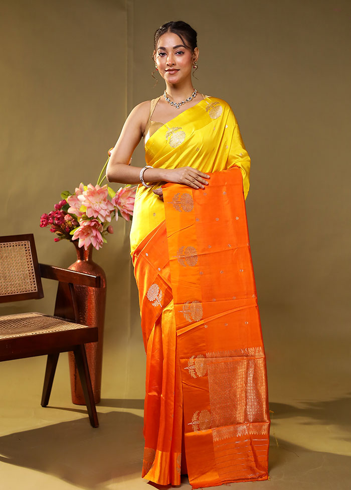 Yellow Handloom Dupion Pure Silk Saree With Blouse Piece