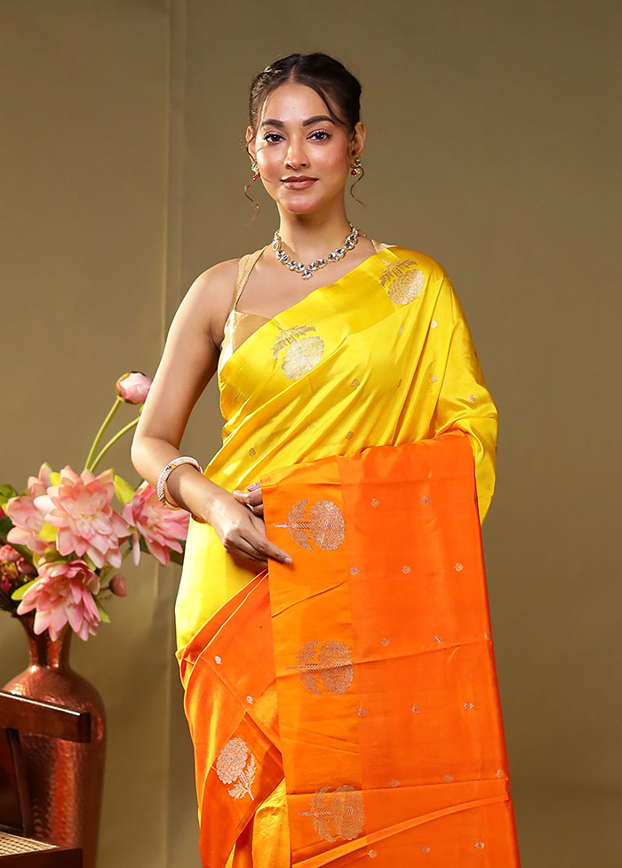Yellow Handloom Dupion Pure Silk Saree With Blouse Piece