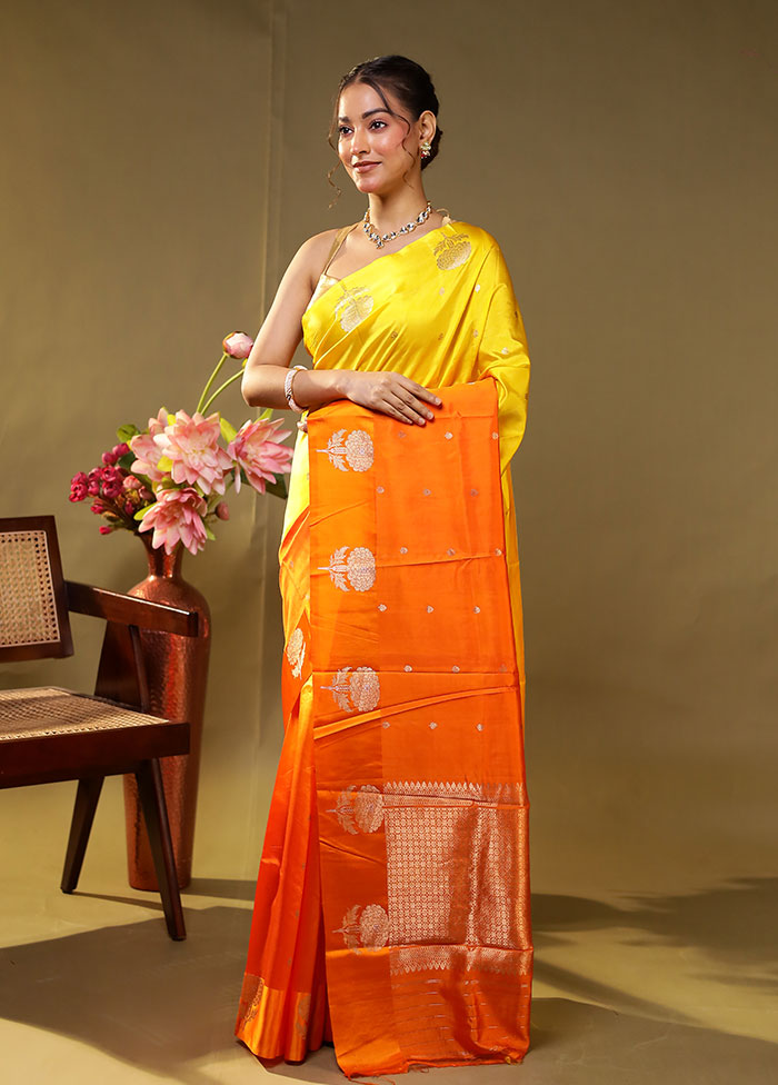 Yellow Handloom Dupion Pure Silk Saree With Blouse Piece
