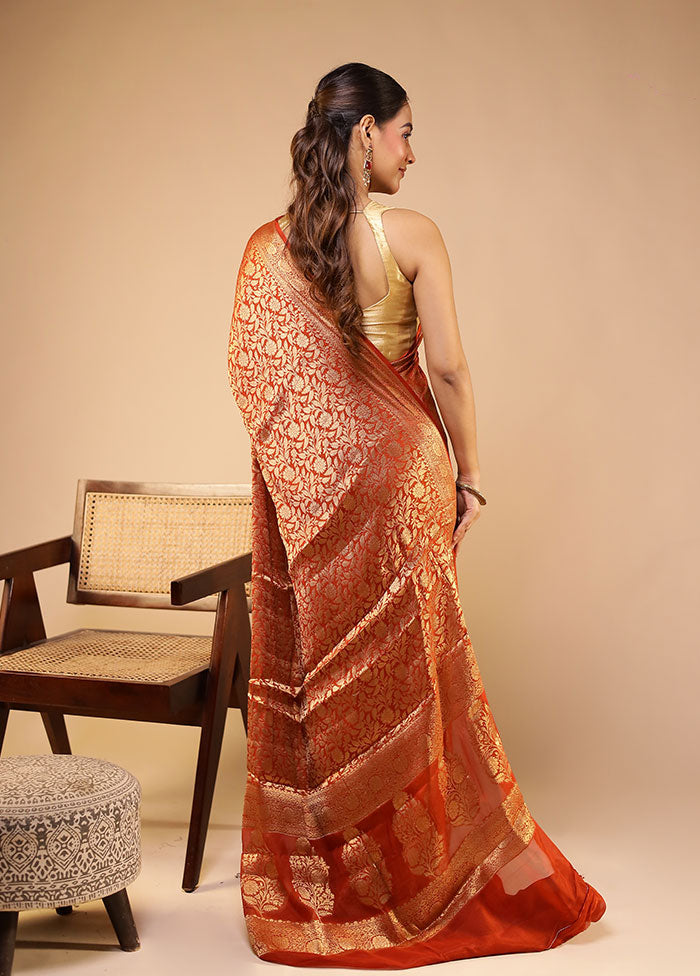 Red Handloom Pure Georgette Saree With Blouse Piece