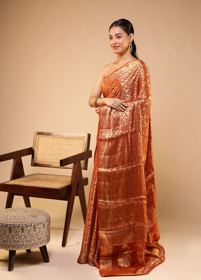 Red Handloom Pure Georgette Saree With Blouse Piece