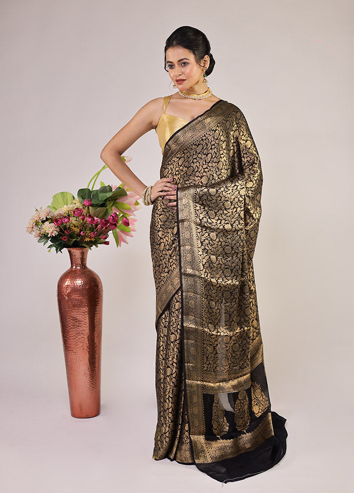 Black Handloom Pure Georgette Saree With Blouse Piece