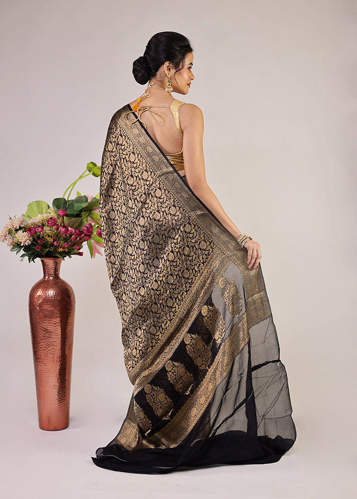Black Handloom Pure Georgette Saree With Blouse Piece