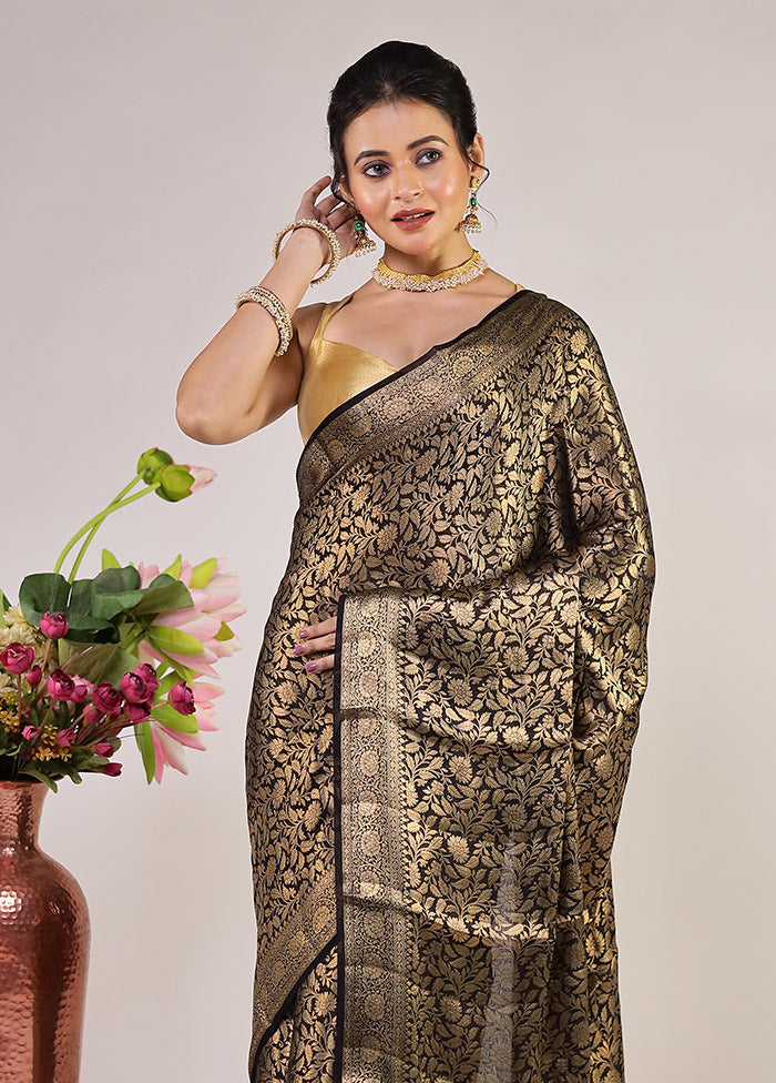 Black Handloom Pure Georgette Saree With Blouse Piece