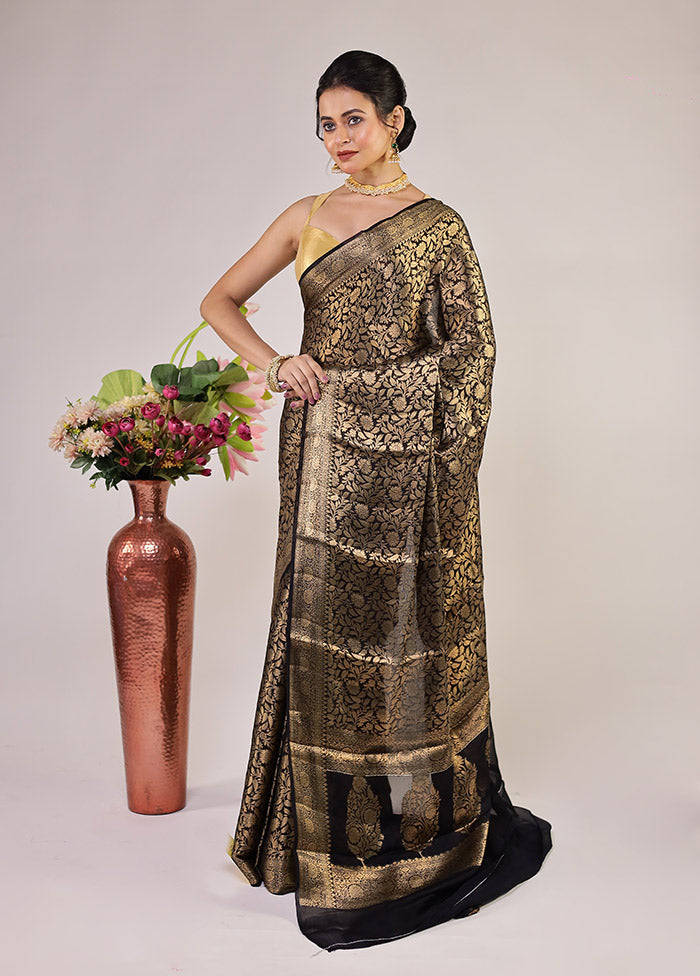 Black Handloom Pure Georgette Saree With Blouse Piece