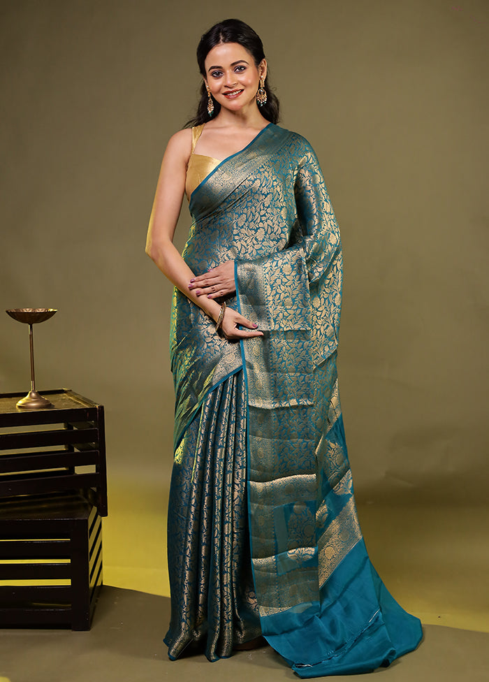 Green Handloom Pure Georgette Saree With Blouse Piece