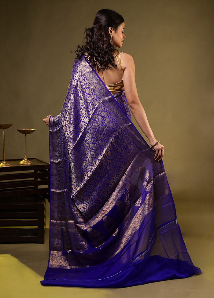 Blue Handloom Pure Georgette Saree With Blouse Piece