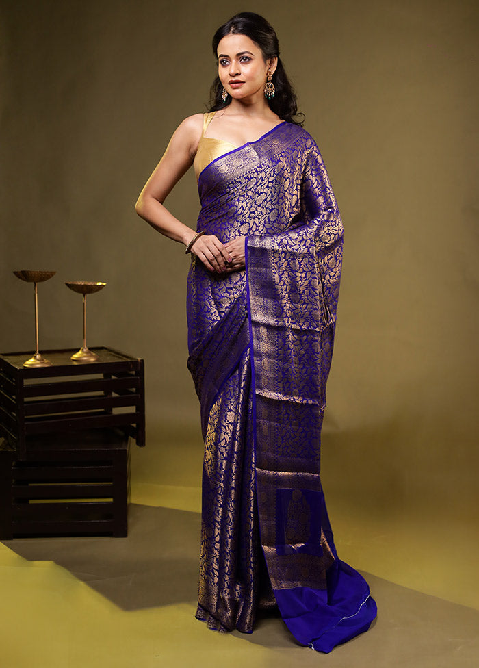 Blue Handloom Pure Georgette Saree With Blouse Piece