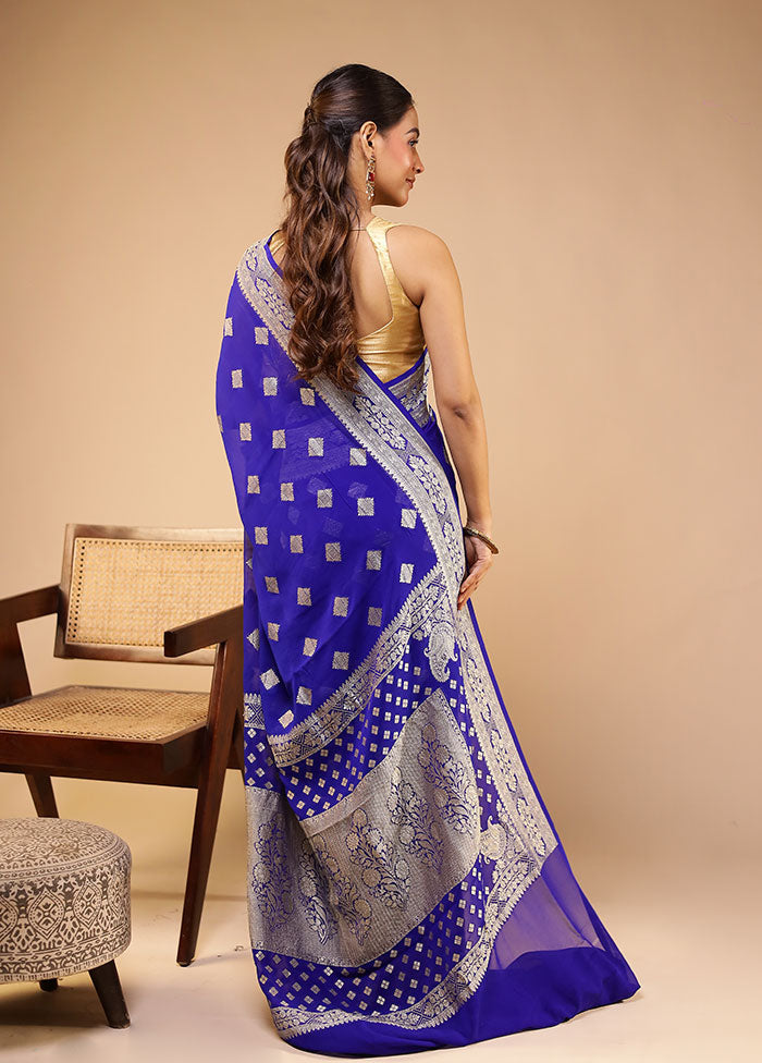 Blue Handloom Pure Georgette Saree With Blouse Piece