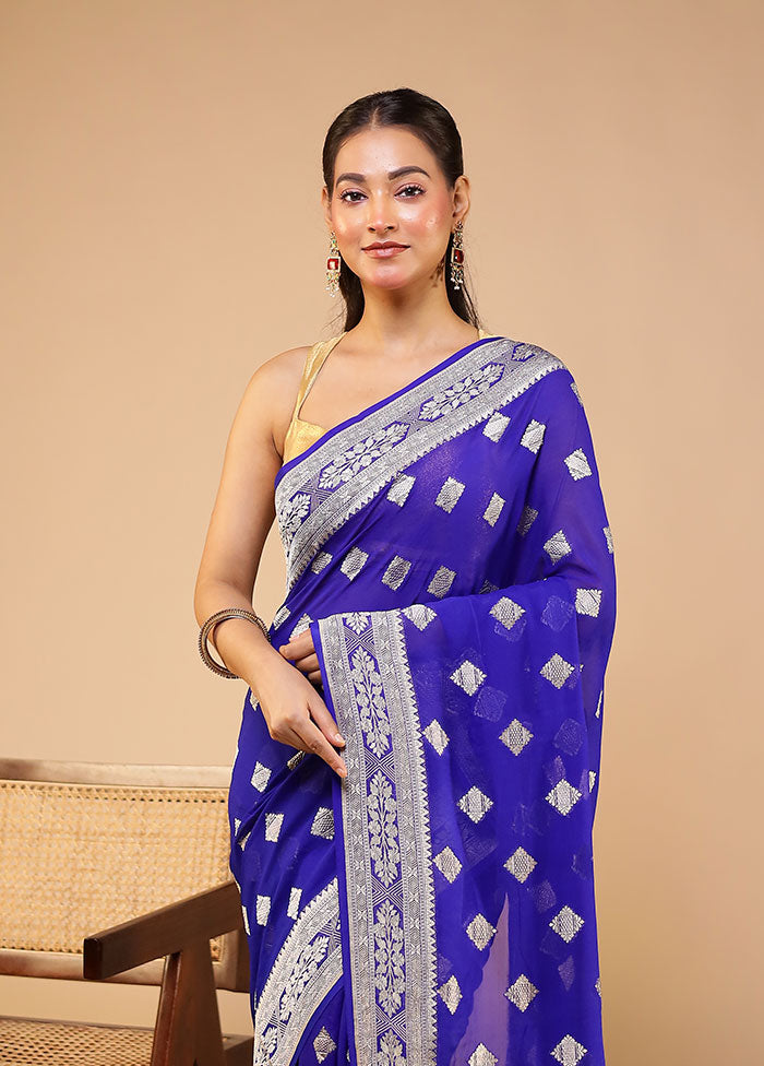 Blue Handloom Pure Georgette Saree With Blouse Piece