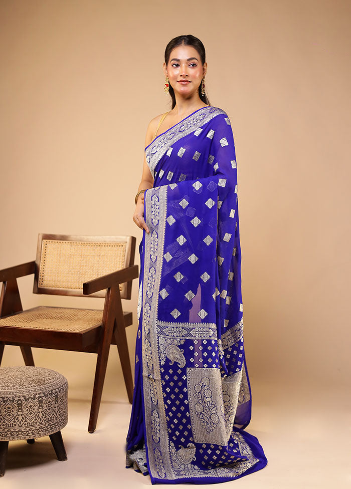 Blue Handloom Pure Georgette Saree With Blouse Piece